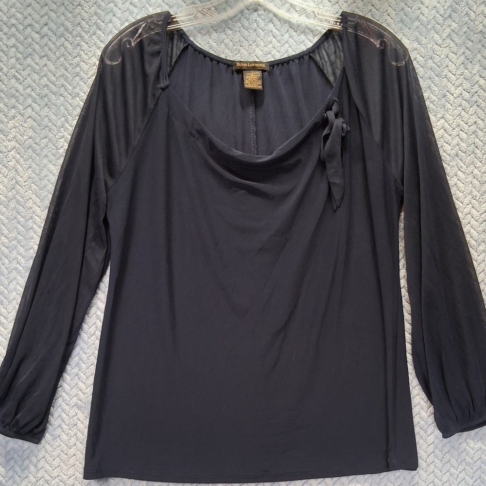 Susan Lawrence Navy Blue Cowl Neck Tie Blouse Sheer Mesh Long Sleeve Top Large